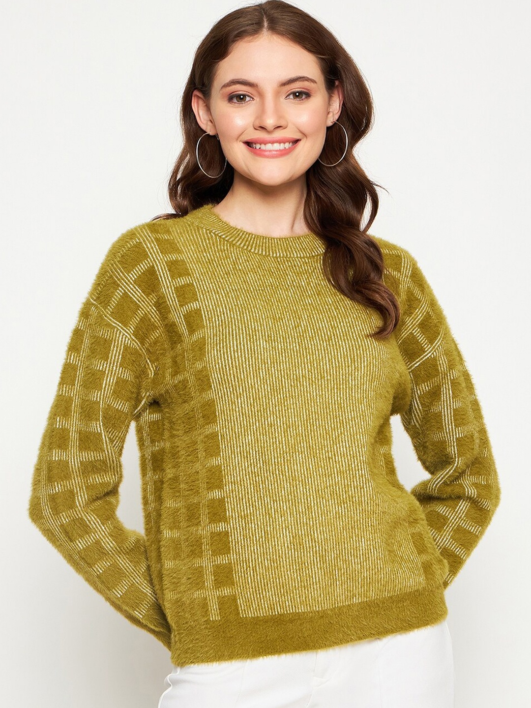 

Madame Women Green & White Striped Pullover