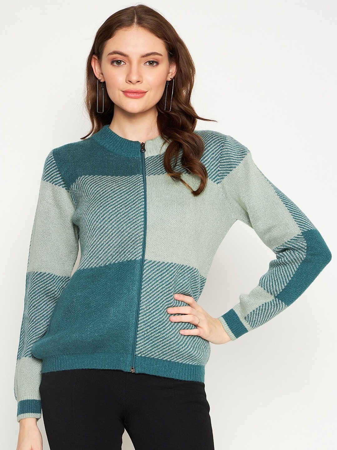 

Madame Women Green Colourblocked Cardigan
