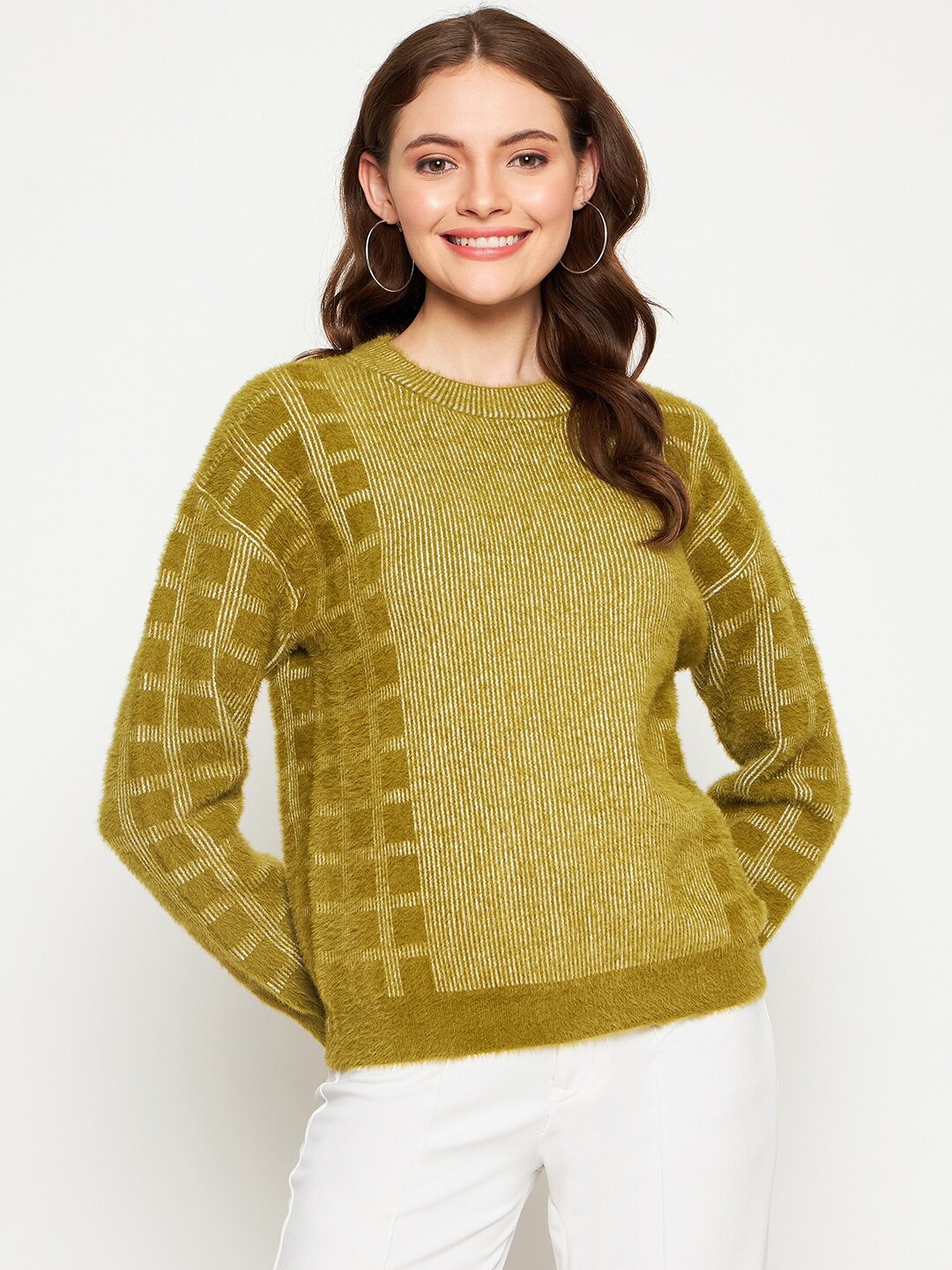 

Madame Women Green & White Striped Pullover