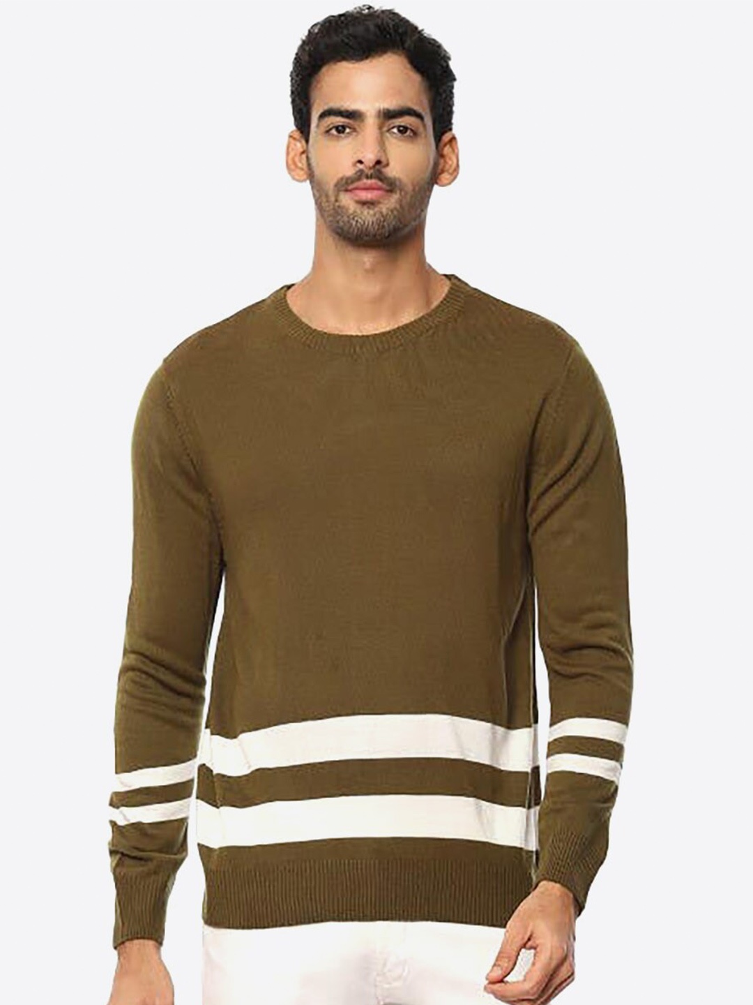 

2Bme Men Olive Green & White Striped Pullover
