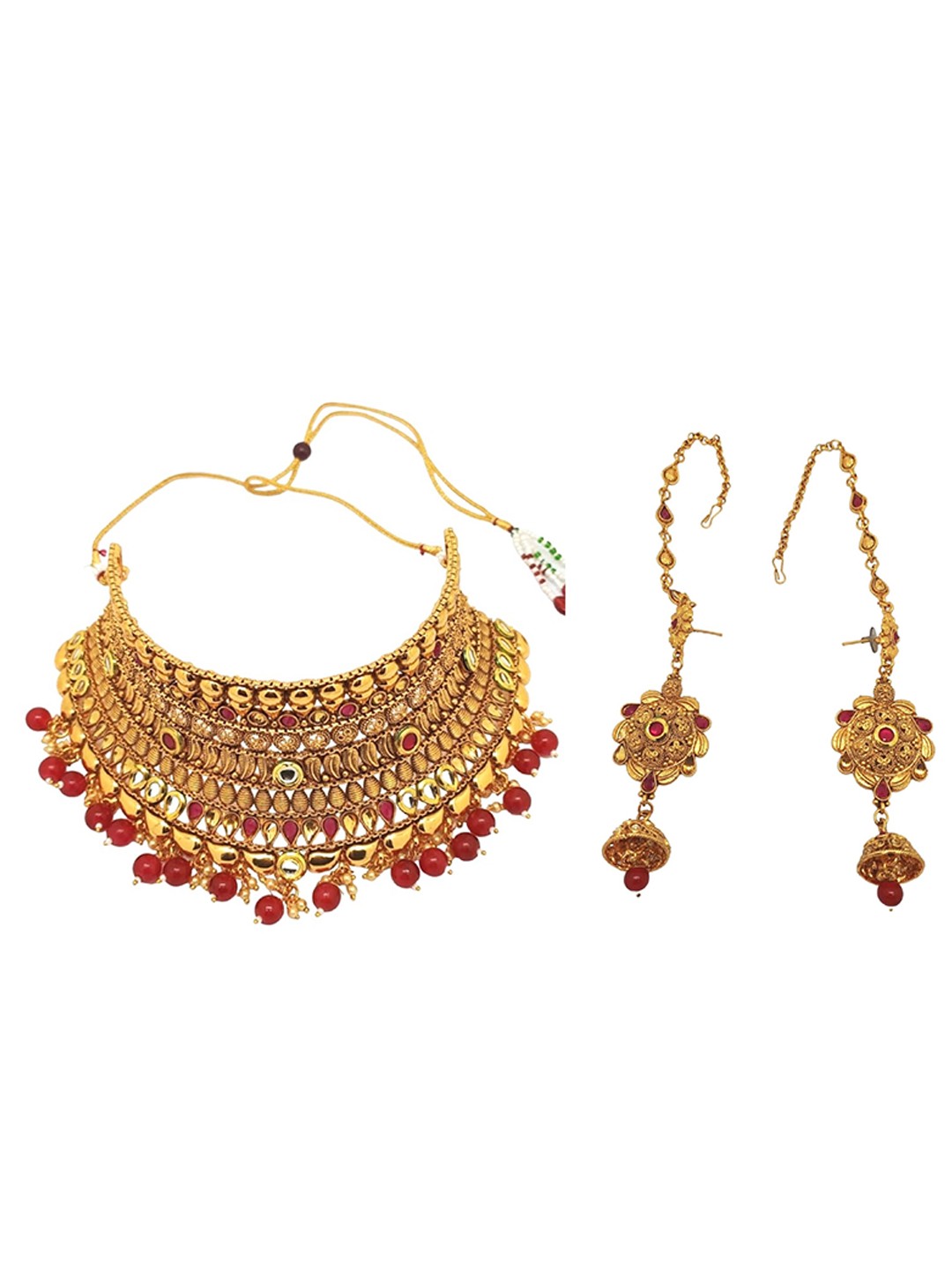 

FEMMIBELLA Gold-Plated Stones-Studded & Beaded Jewellery Set