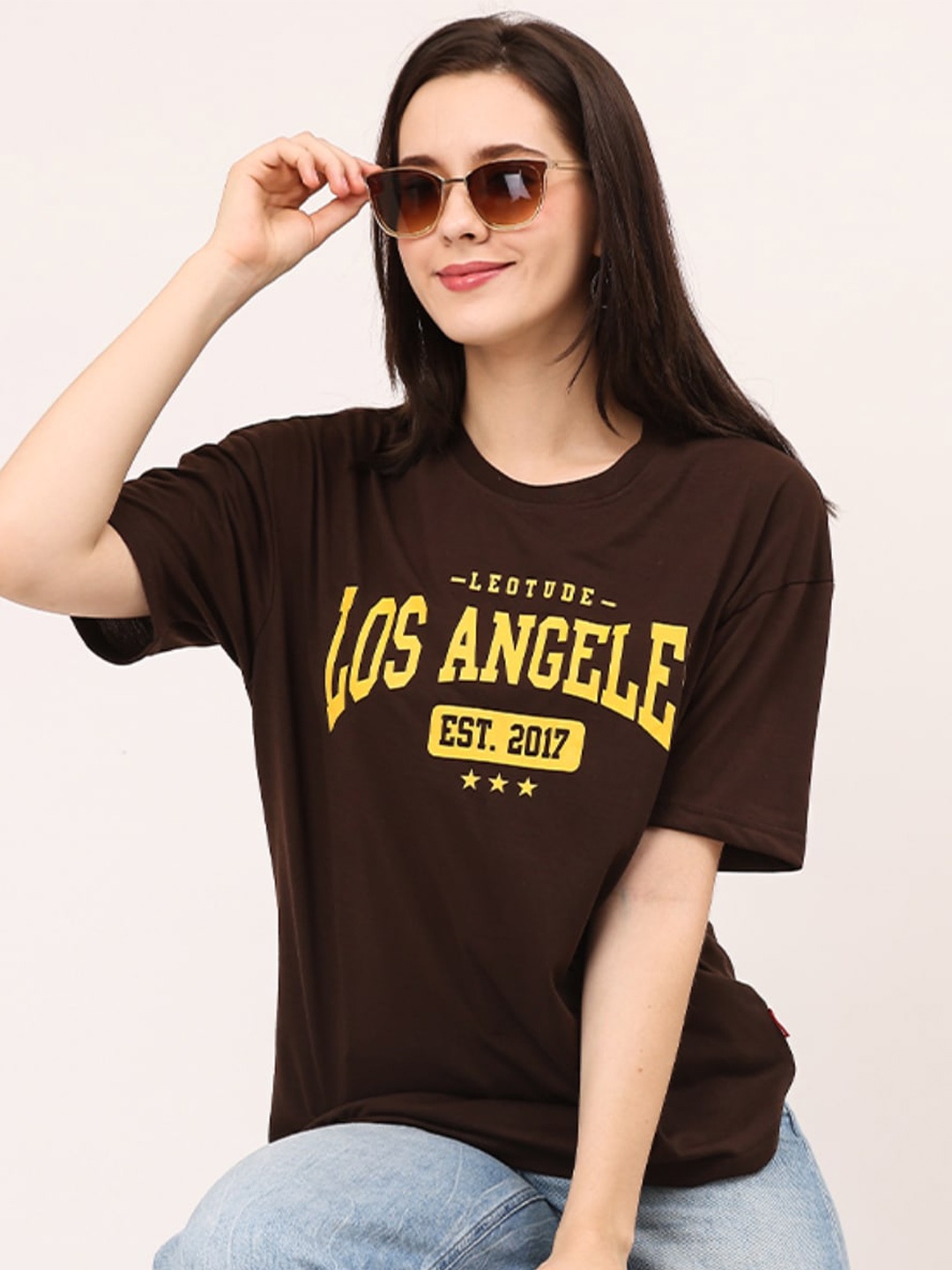 

Leotude Women Brown Typography Printed Applique T-shirt