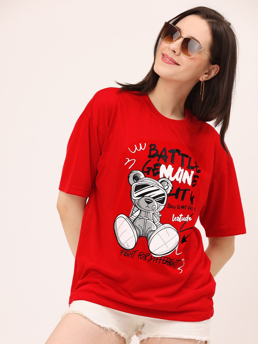 

Leotude Women Red Printed Raw Edge T-shirt