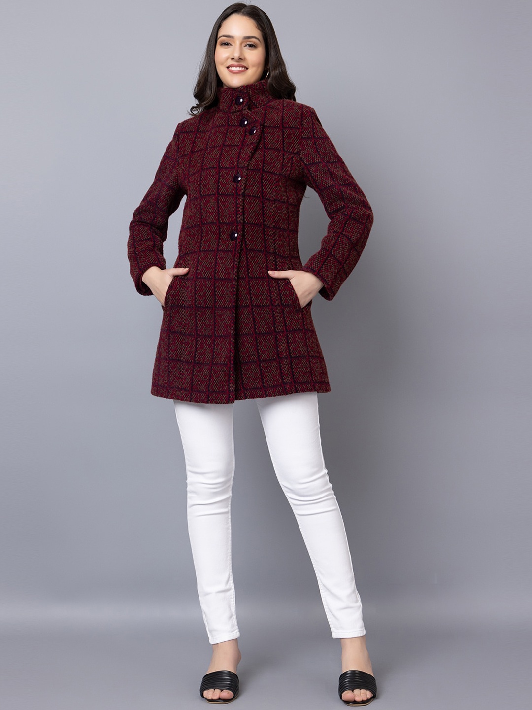 

CHKOKKO Checked Stand Collar Single-Breasted Stylish Woollen Overcoat, Maroon