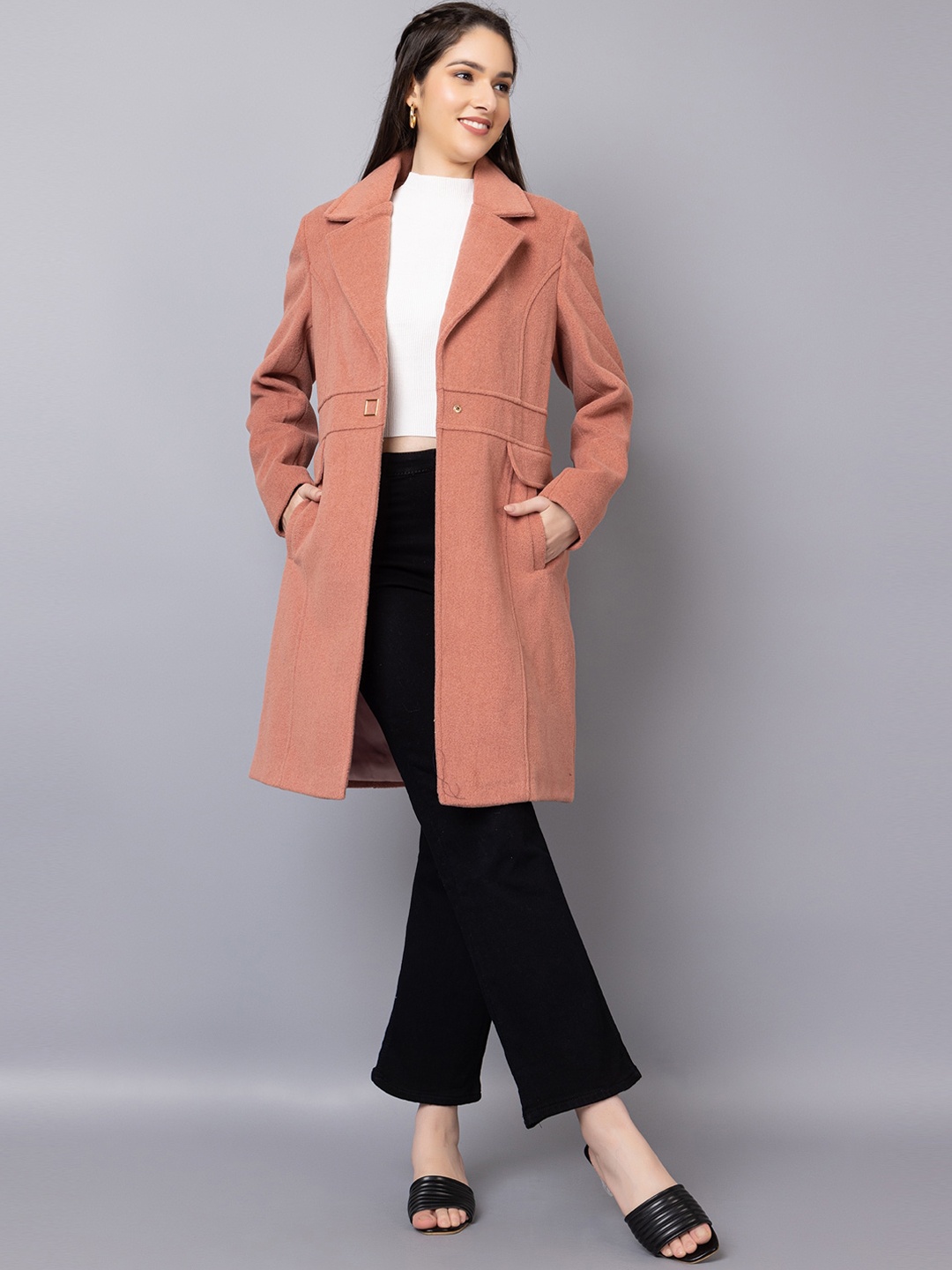 

CHKOKKO Notched Lapel Single-Breasted Stylish Woollen Overcoat, Peach