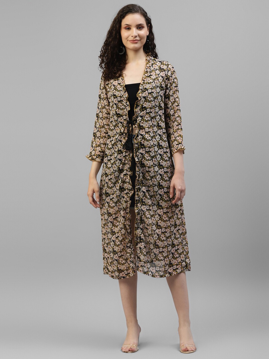 

DEEBACO Women Beige & Green Printed Longline Tie-Up Shrug
