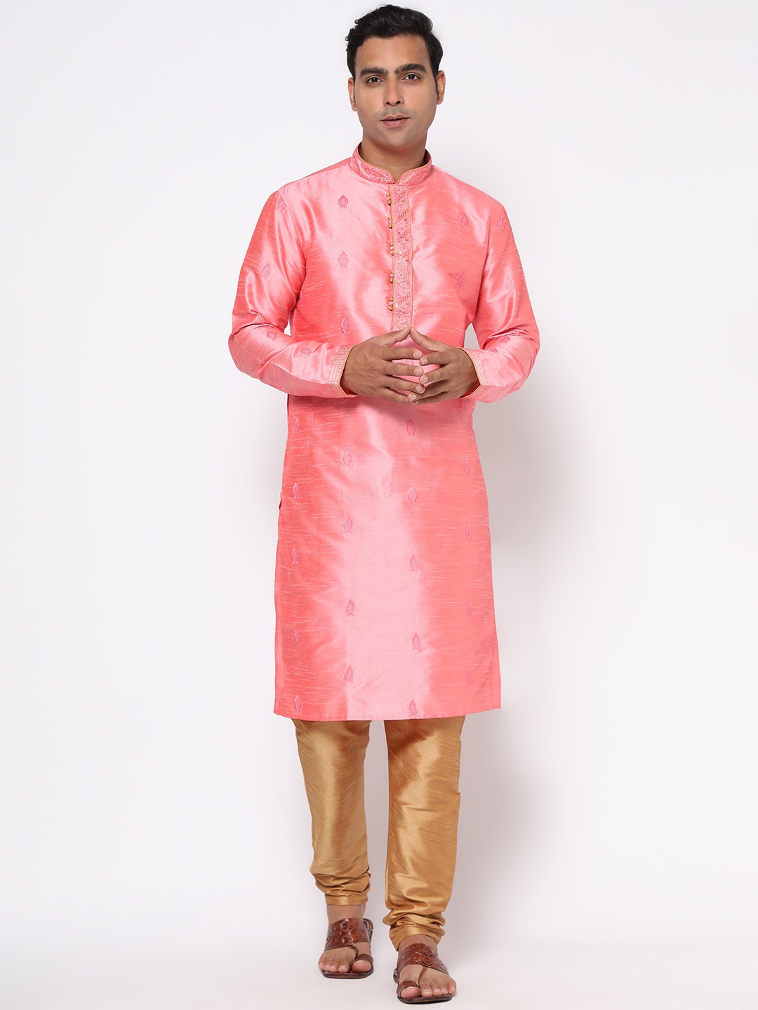 

ZARIMO Ethnic Motifs Embroidered Jacquard Cotton Silk Kurta, Pink