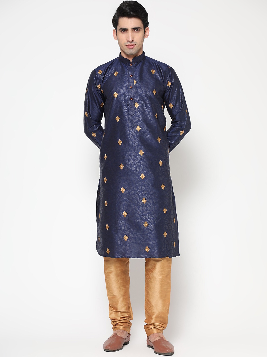 

ZARIMO Ethnic Motifs Embroidered Pastels Jacquard Cotton Silk Kurta, Navy blue