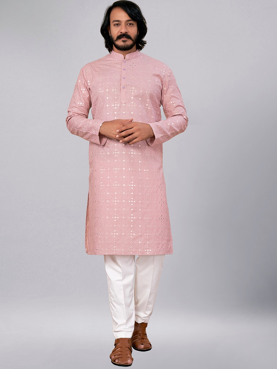 

ZARIMO Mirror Work Jacquard Cotton Silk Kurta, Pink