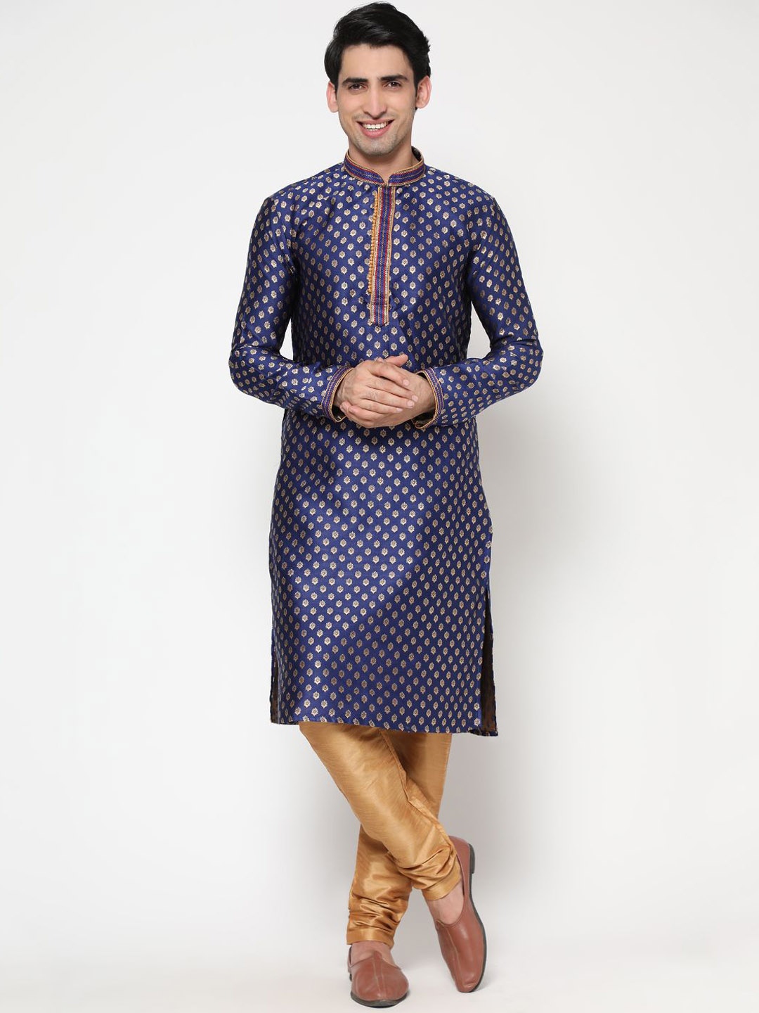 

ZARIMO Ethnic Motifs Embellished Mandarin Collar Cotton Silk Kurta, Navy blue