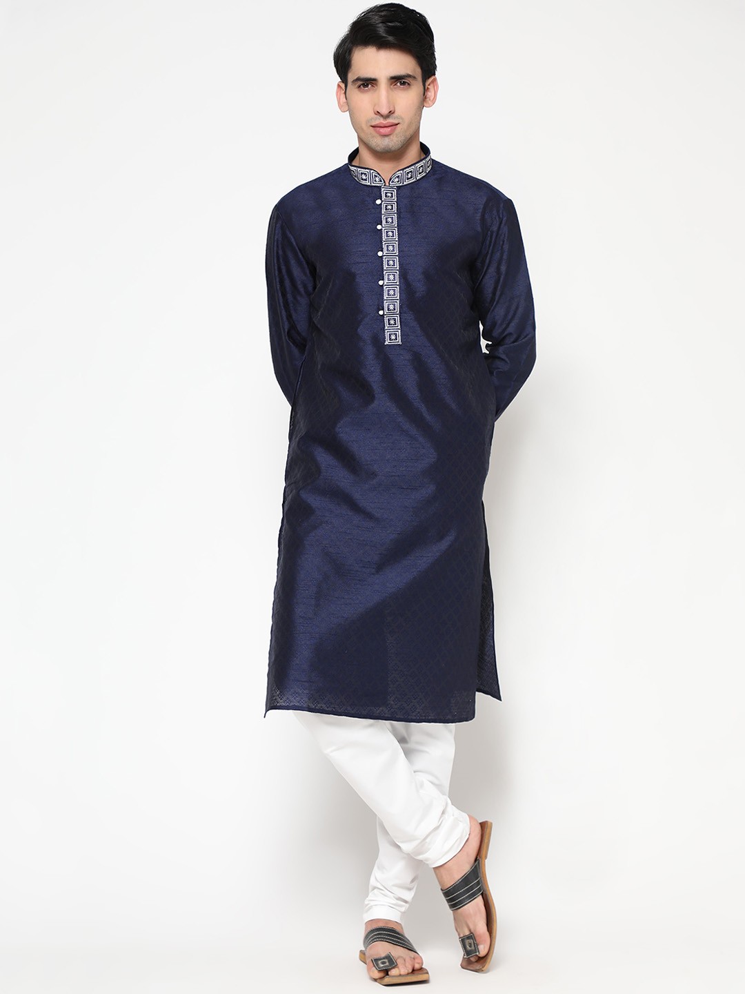 

ZARIMO Floral Woven Design Mandarin Collar Jacquard Cotton Silk Kurta, Navy blue