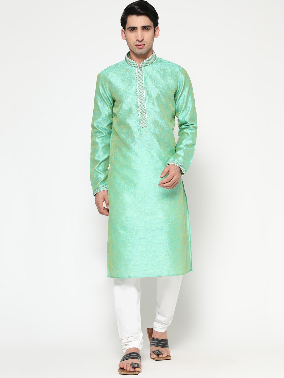 

ZARIMO Floral Woven Design Mandarin Collar Pastels Jacquard Kurta, Sea green