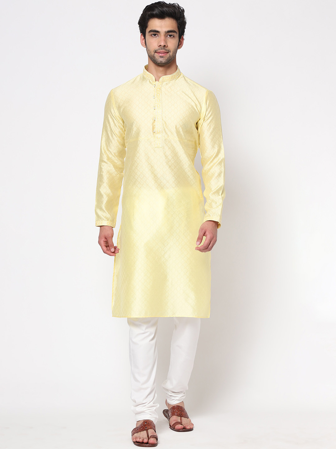 

ZARIMO Ethnic Motifs Woven Design Thread Work Jacquard Cotton Silk Kurta, Yellow