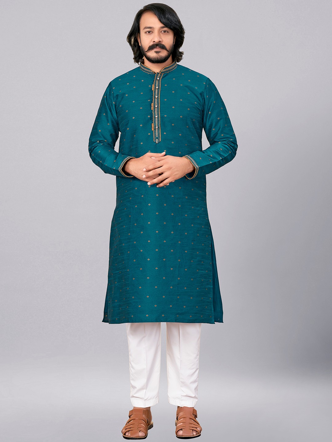 

ZARIMO Geometric Woven Design Mandarin Collar Jacquard Kurta, Teal