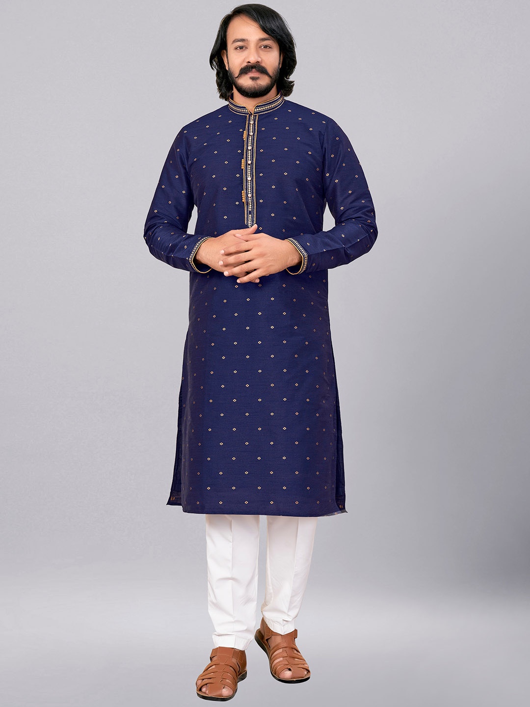 

ZARIMO Mandarin Collar Thread Work Pastels Jacquard Kurta, Navy blue