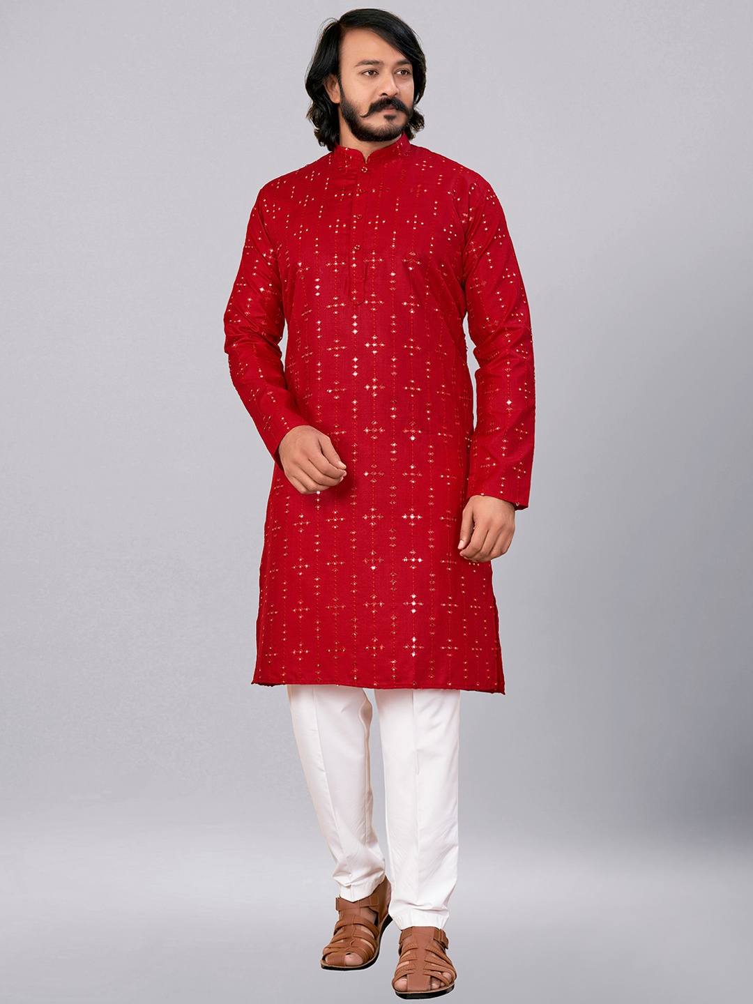 

ZARIMO Embellished Mirror Work Cotton Silk Jacquard Kurta, Red