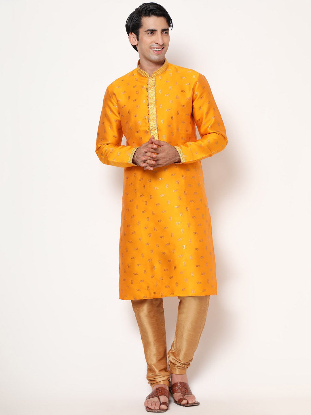 

ZARIMO Woven Design Mandarin Collar Thread Work Cotton Silk Kurta, Mustard