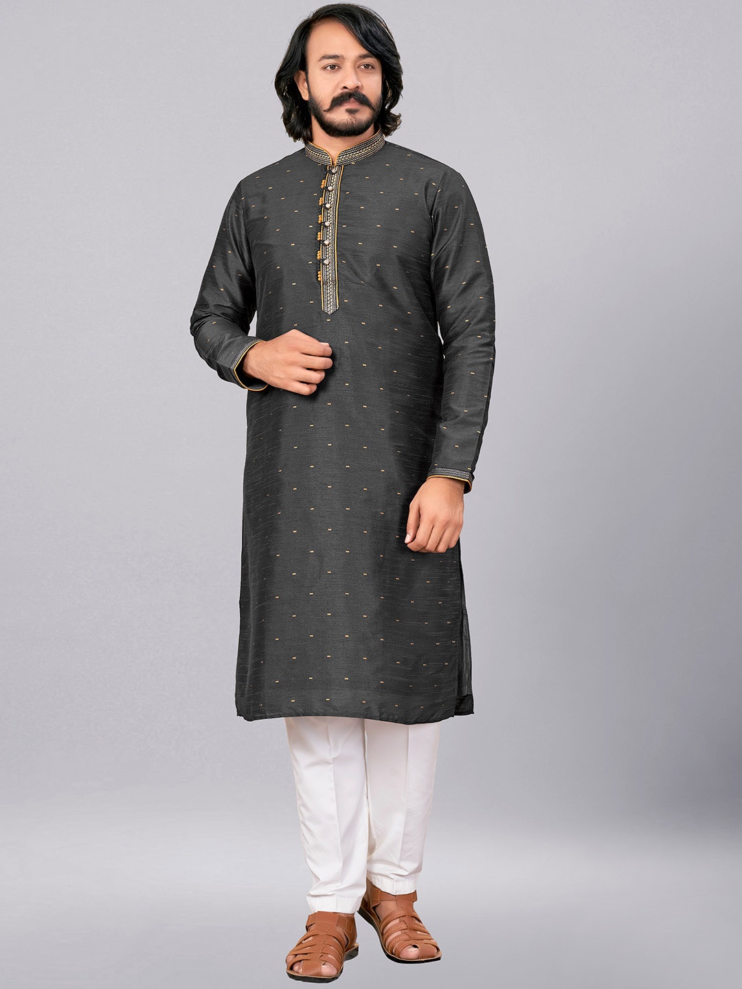 

ZARIMO Ethnic Motifs Woven Design Thread Work Jacquard Cotton Silk Kurta, Grey