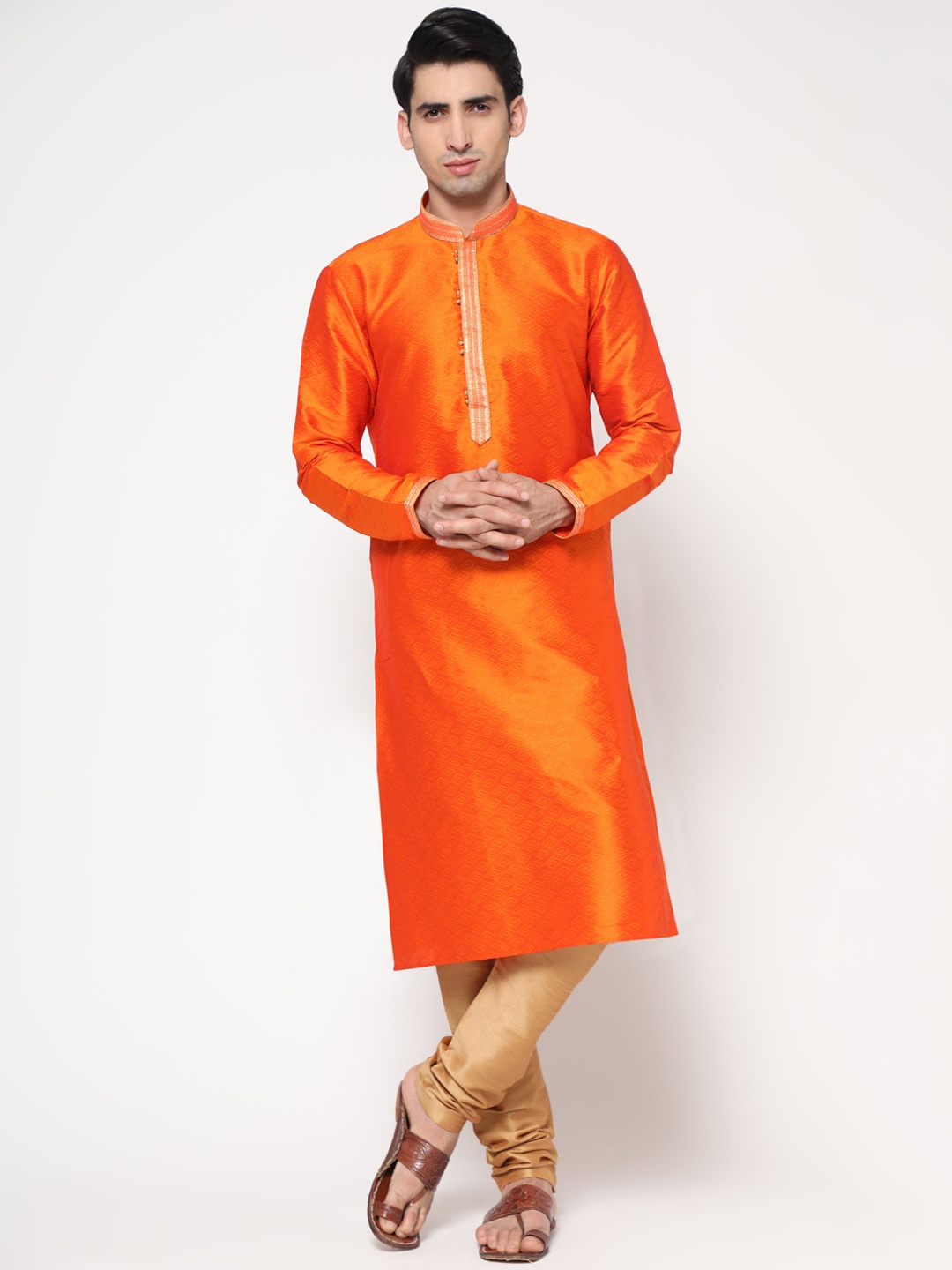 

ZARIMO Ethnic Motifs Woven Design Thread Work Zari Jacquard Cotton Silk Kurta, Orange