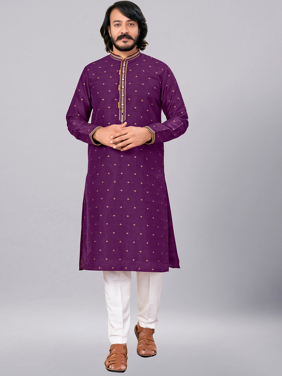 

ZARIMO Ethnic Motifs Woven Design Zari Cotton Jacquard Kurta, Purple