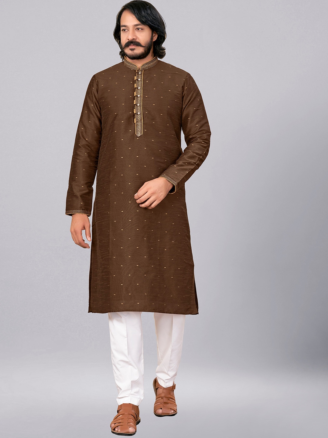 

ZARIMO Mandarin Collar Pastels Jacquard Kurta, Coffee brown