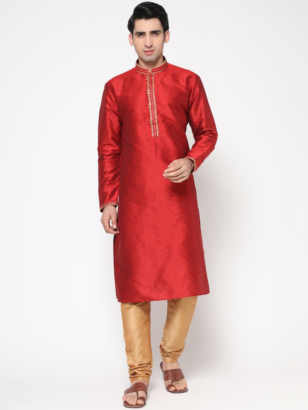 

ZARIMO Woven Design Mandarin Collar Long Sleeve Jacquard Cotton Silk Kurta, Red