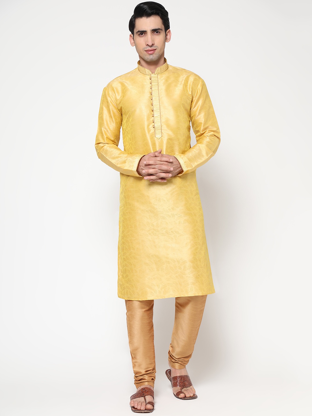 

ZARIMO Mandarin Collar Pastels Jacquard Kurta, Yellow
