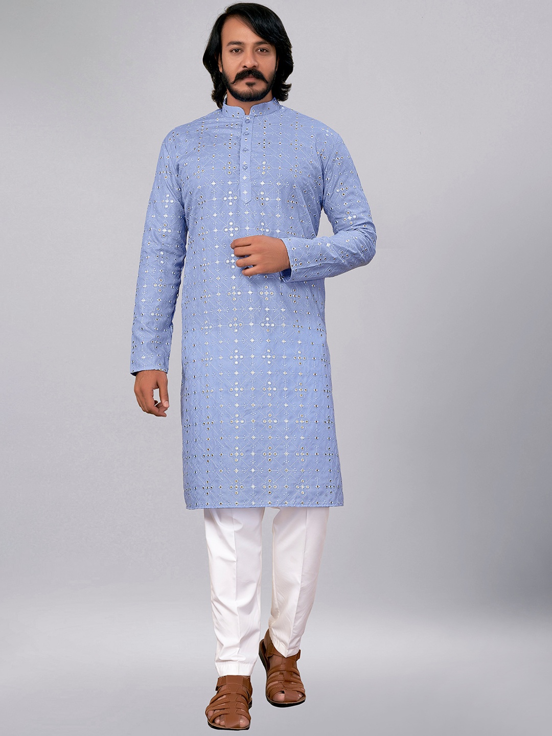 

ZARIMO Woven Design Striped Mandarin Collar Cotton Kurta, Blue