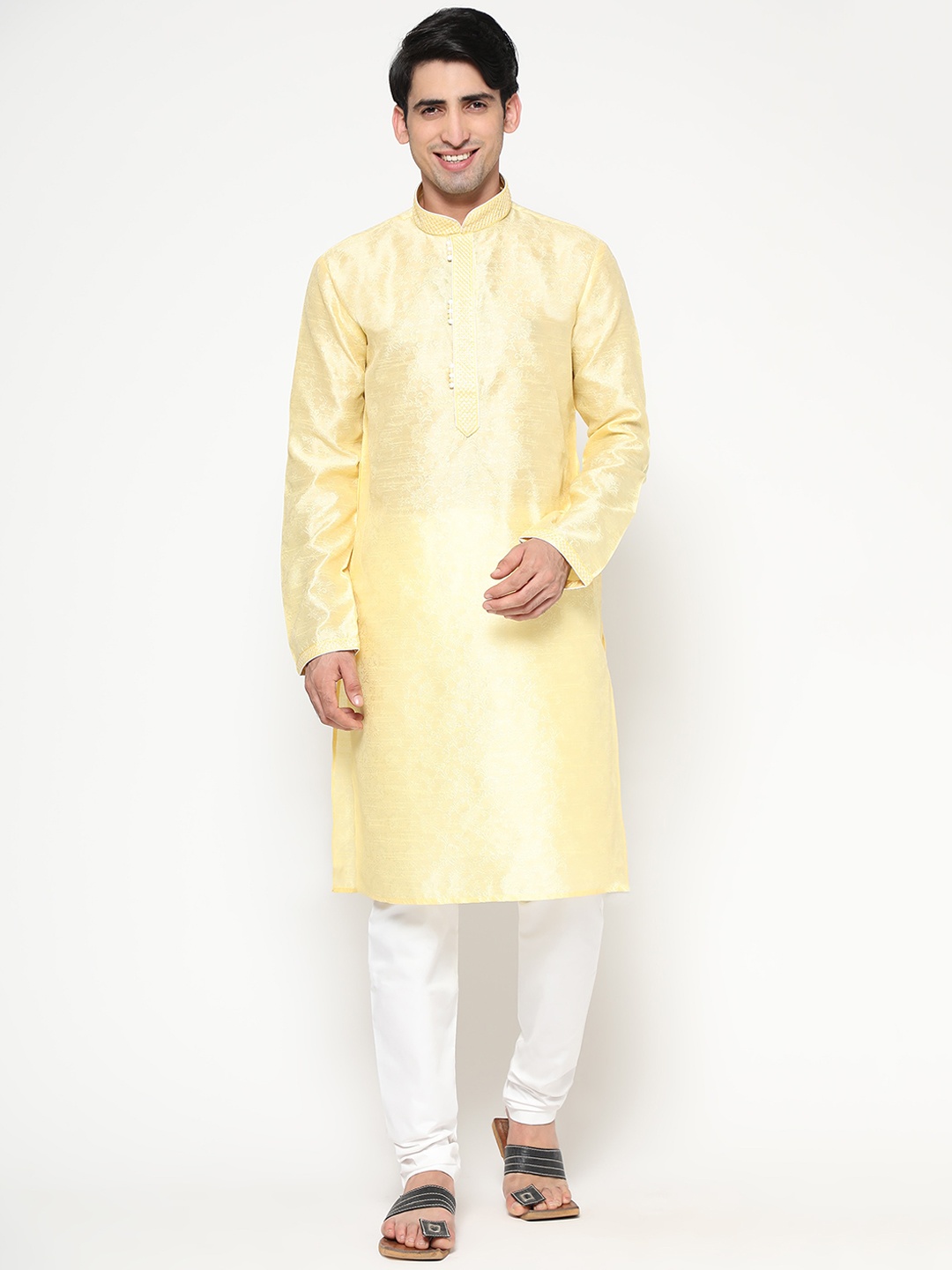 

ZARIMO Woven Design Mandarin Collar Cotton Silk Kurta, Yellow