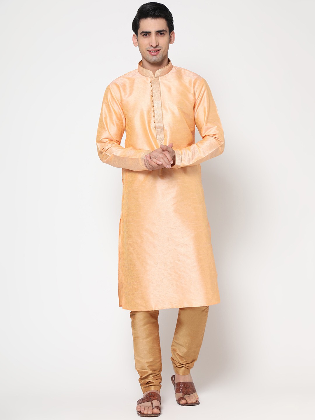 

ZARIMO Woven Design Thread Work Jacquard Cotton Silk Kurta, Peach