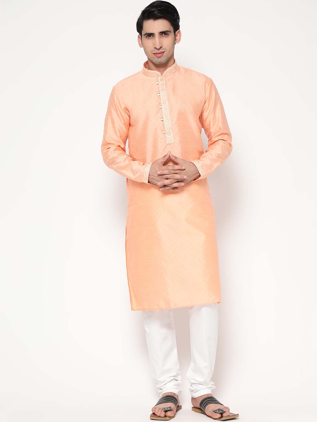 

ZARIMO Ethnic Motifs Woven Design Jacquard Cotton Silk Kurta, Peach