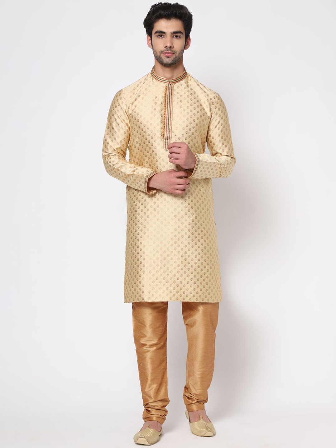 

ZARIMO Ethnic Motifs Woven Design Jacquard Cotton Silk Kurta, Cream