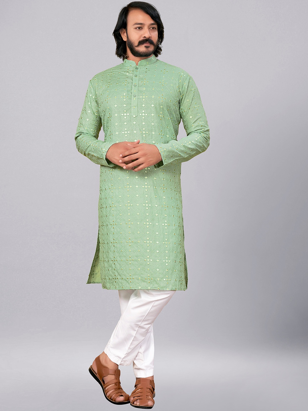 

ZARIMO Thread Work Pastels Jacquard Kurta, Sea green