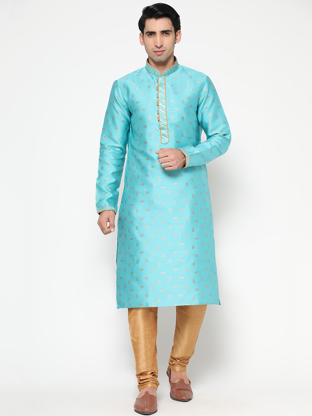 

ZARIMO Woven Design Mandarin Collar Long Sleeve Jacquard Cotton Silk Kurta, Turquoise blue
