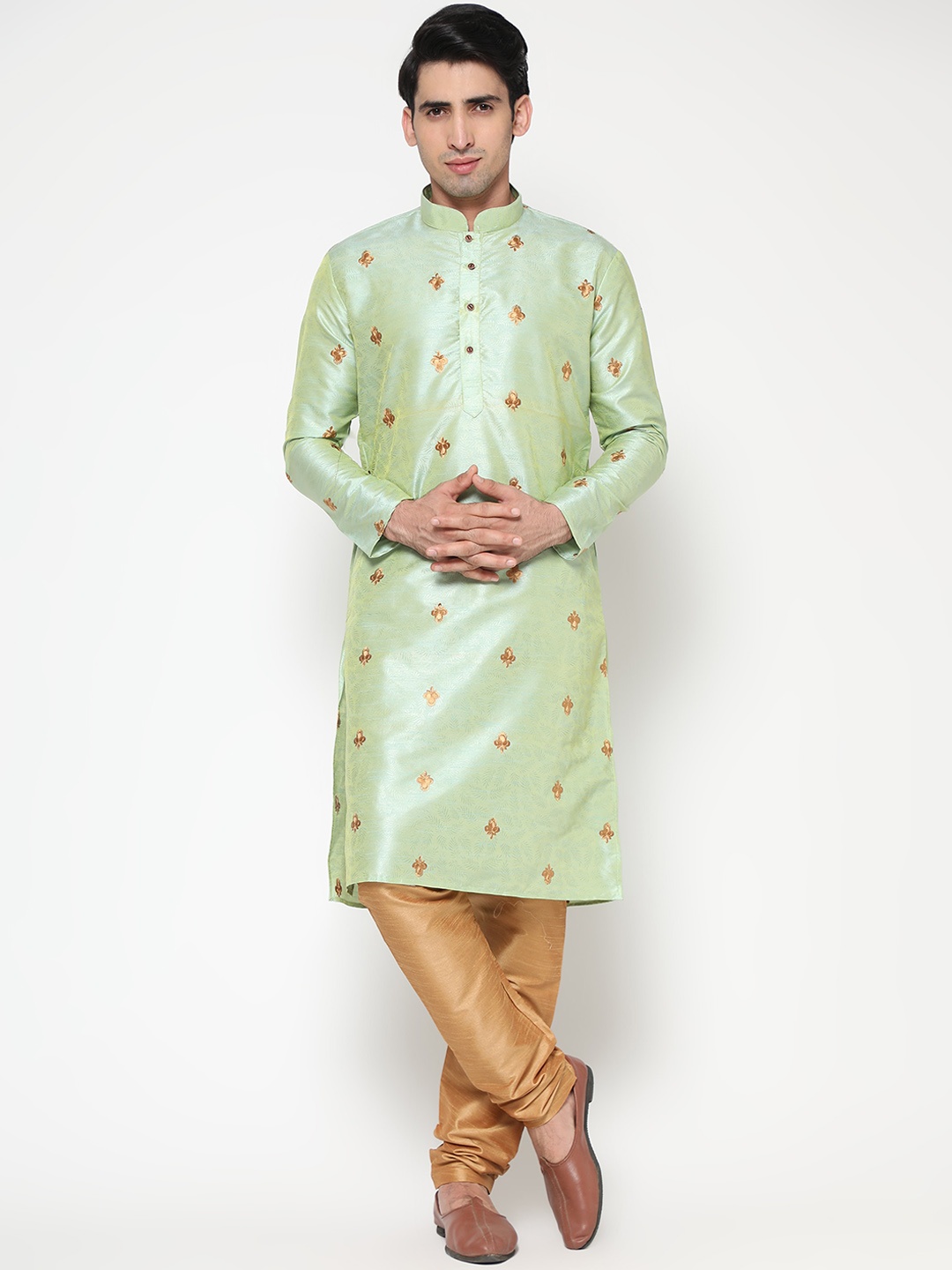 

ZARIMO Floral Woven Design Mandarin Collar Jacquard Cotton Silk Kurta, Green