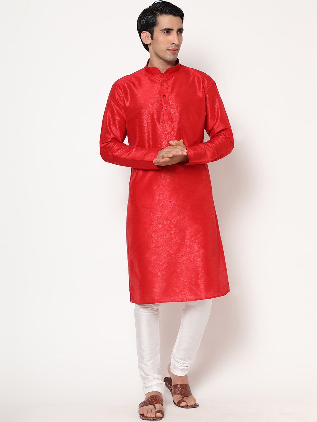 

ZARIMO Ethnic Motifs Woven Design Thread Work Jacquard Cotton Silk Kurta, Red