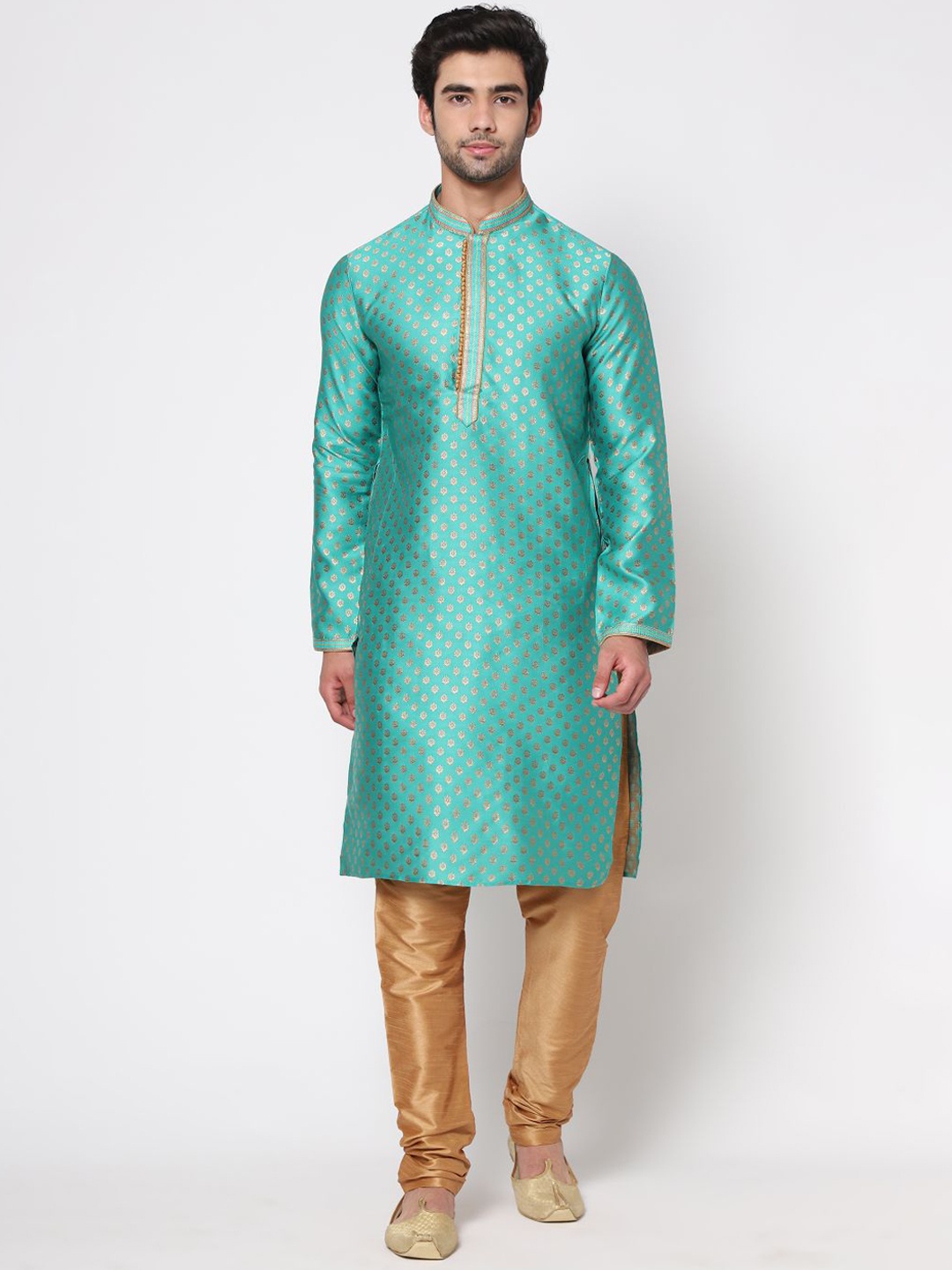 

ZARIMO Mandarin Collar Pastels Jacquard Kurta, Sea green