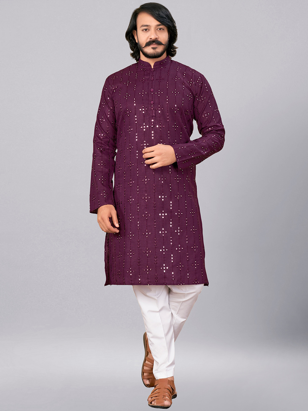 

ZARIMO Thread Work Pastels Jacquard Kurta, Purple