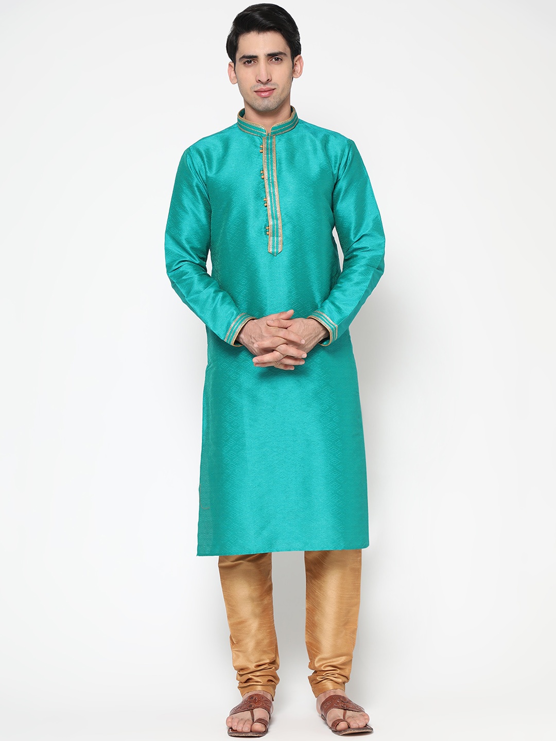 

ZARIMO Mandarin Collar Thread Work Cotton Silk Kurta, Sea green