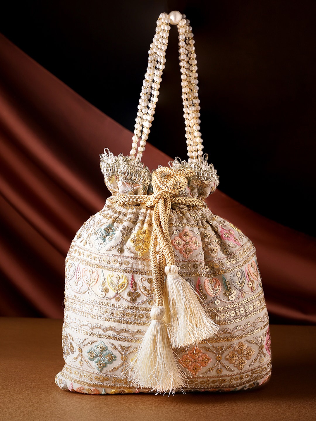 

Rubans Embellished Embroidered Potli Bag with Beaded Handle, Cream