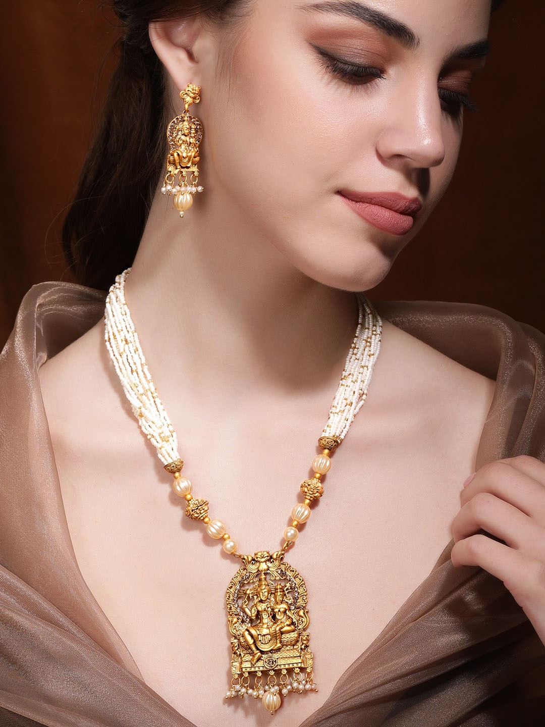 

Rubans 22K Gold-Plated Divine Lakshmi Narayan Motif Temple Jewellery Set with Pearls Beads