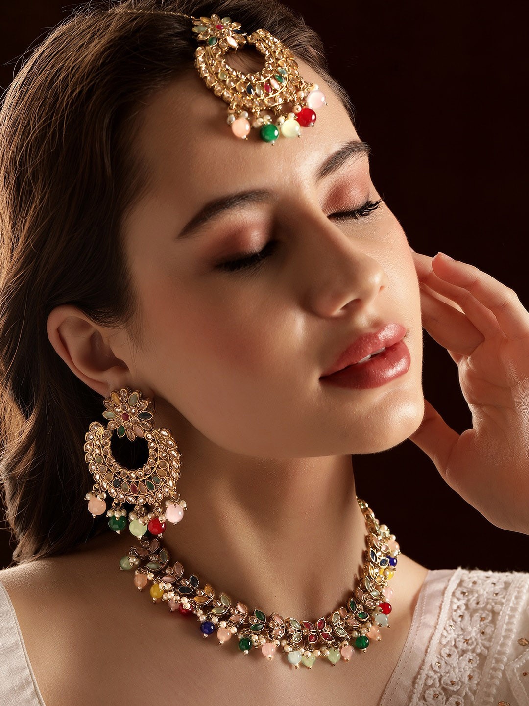 

Rubans 22k Gold-Plated Reverse AD With Crystals-Studded & Beaded Jewellery Set