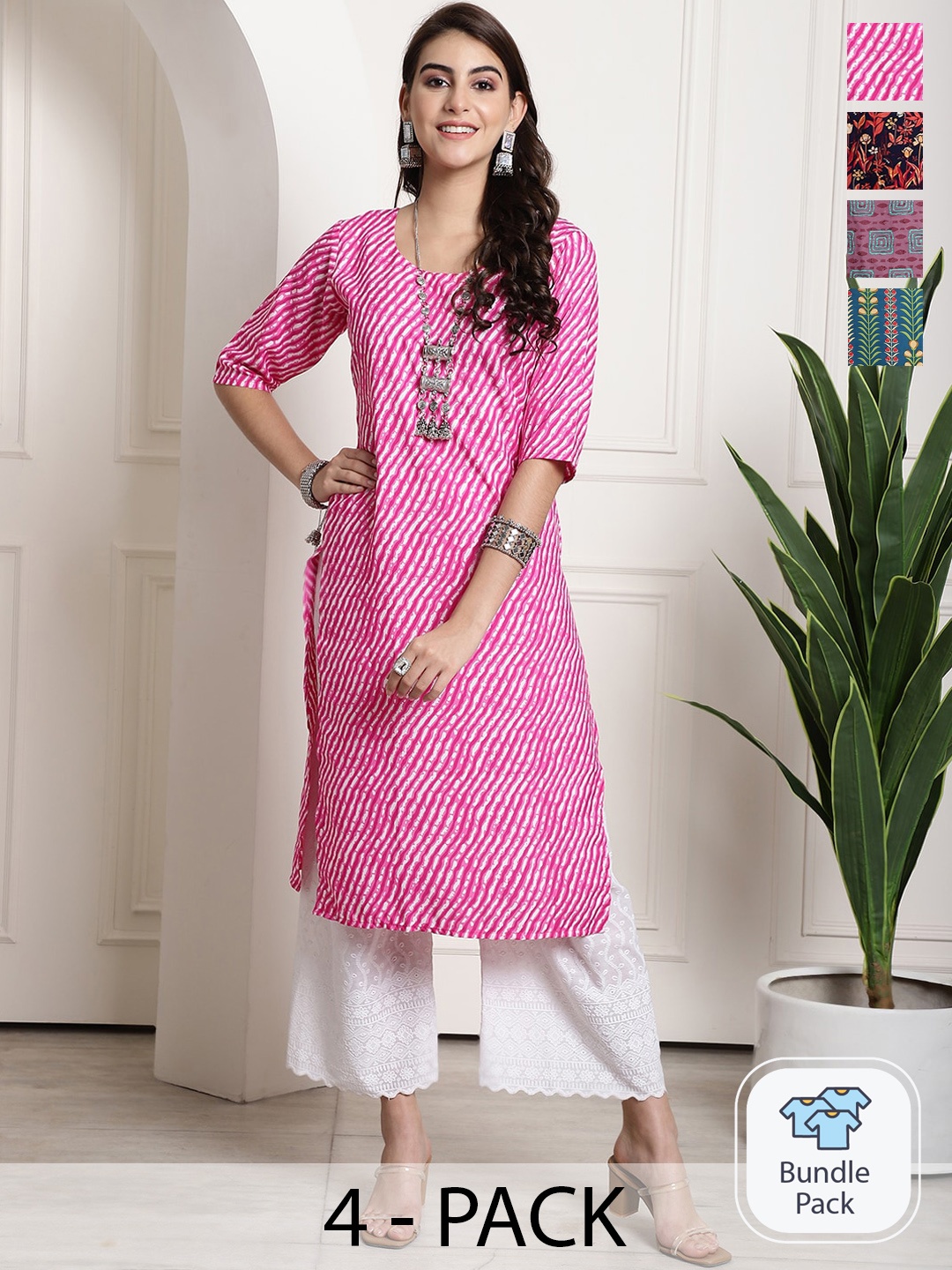 

7Threads Selection Of 3 Leheriya Printed Straight Kurta, Pink