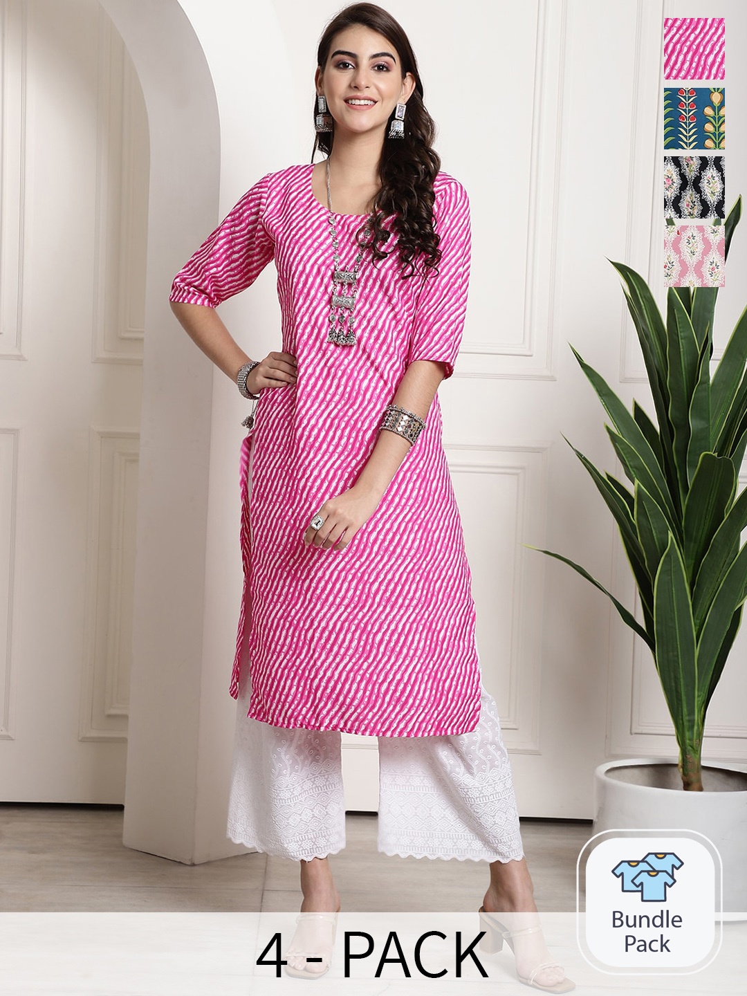 

7Threads Selection Of 4 Ethnic Motifs Printed Straight Kurta, Pink