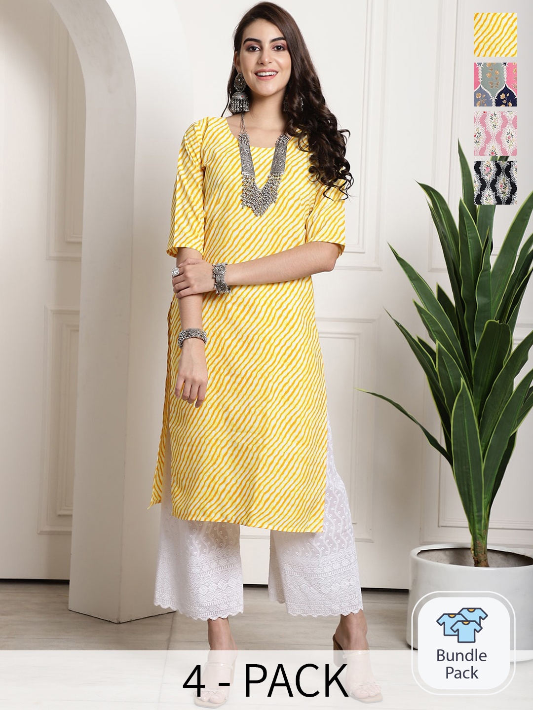 

7Threads Selection of 4 Printed Round Neck Straight Kurtas, Yellow