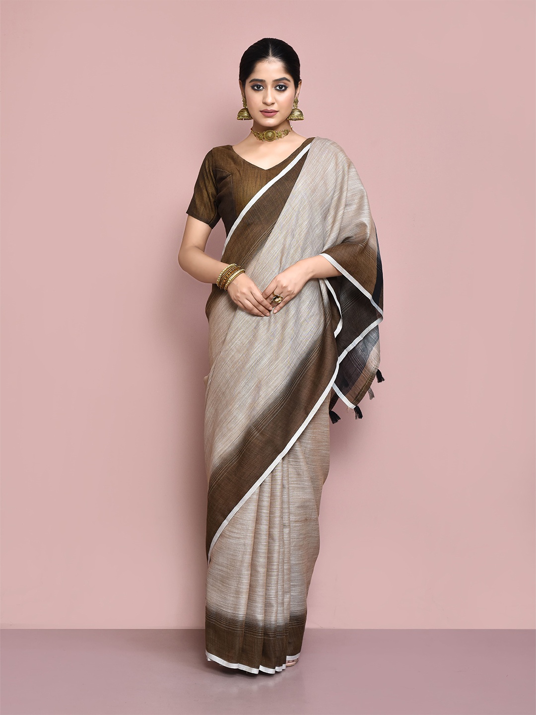 

elora Grey & Brown Woven Design Linen Blend Bhagalpuri Saree