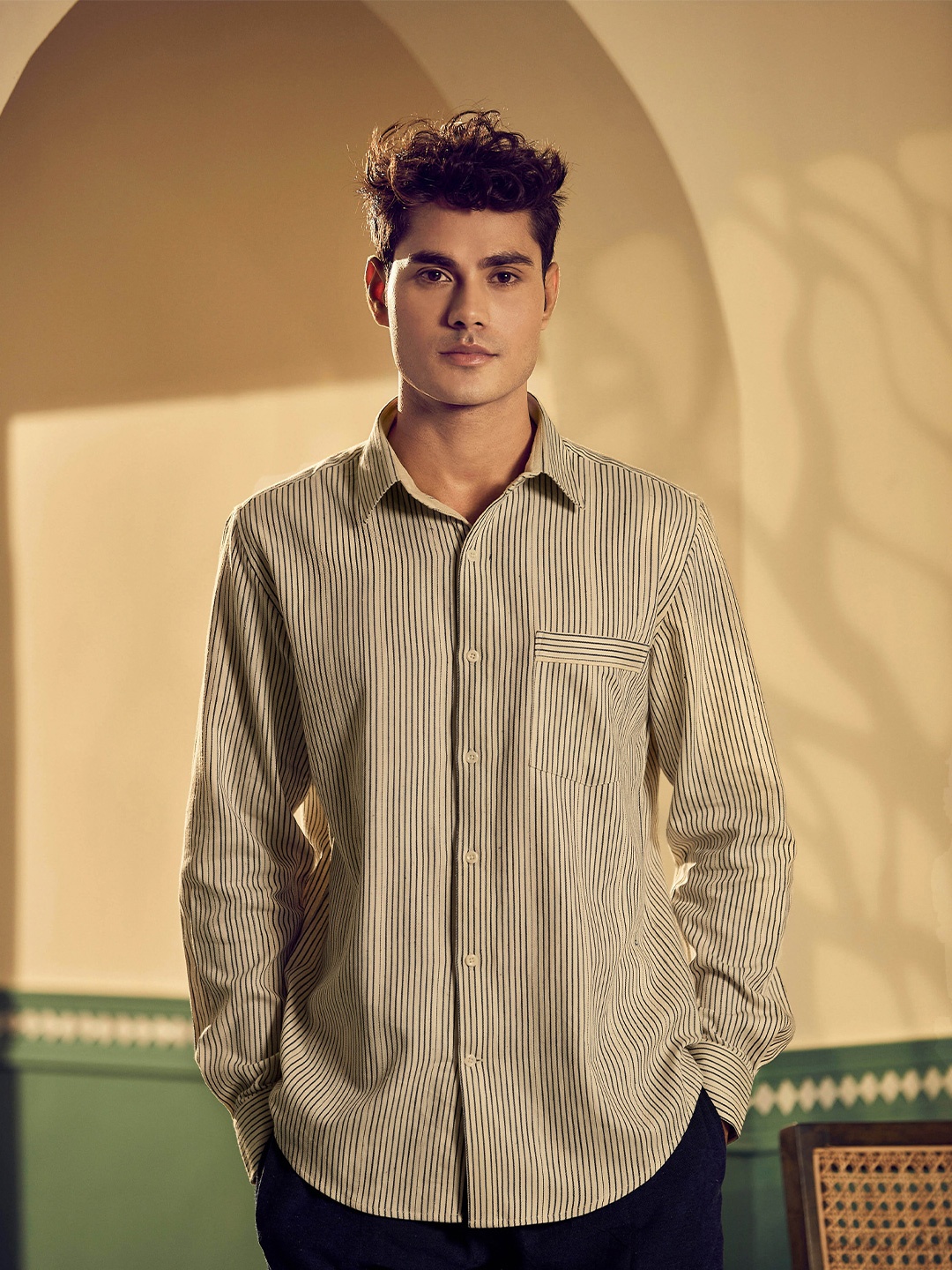 

Earthpiece Men Off White Classic Opaque Striped Casual Shirt