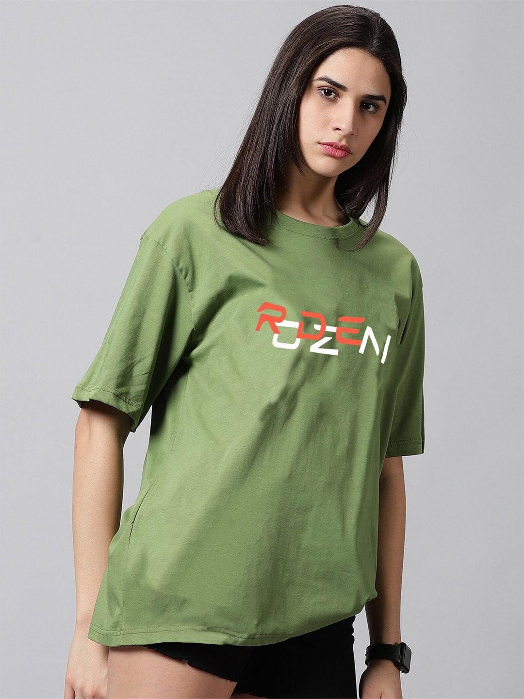 

Rodzen Women Green Varsity Printed Hooded Extended Sleeves Pure Cotton Applique T-shirt