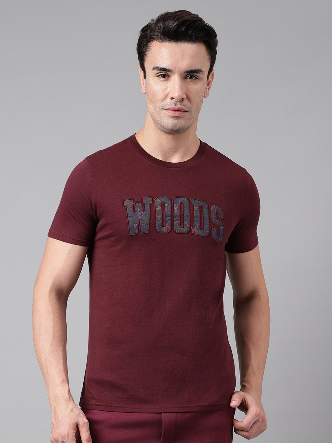 Woods Typography Printed Cotton T-shirt, Maroon