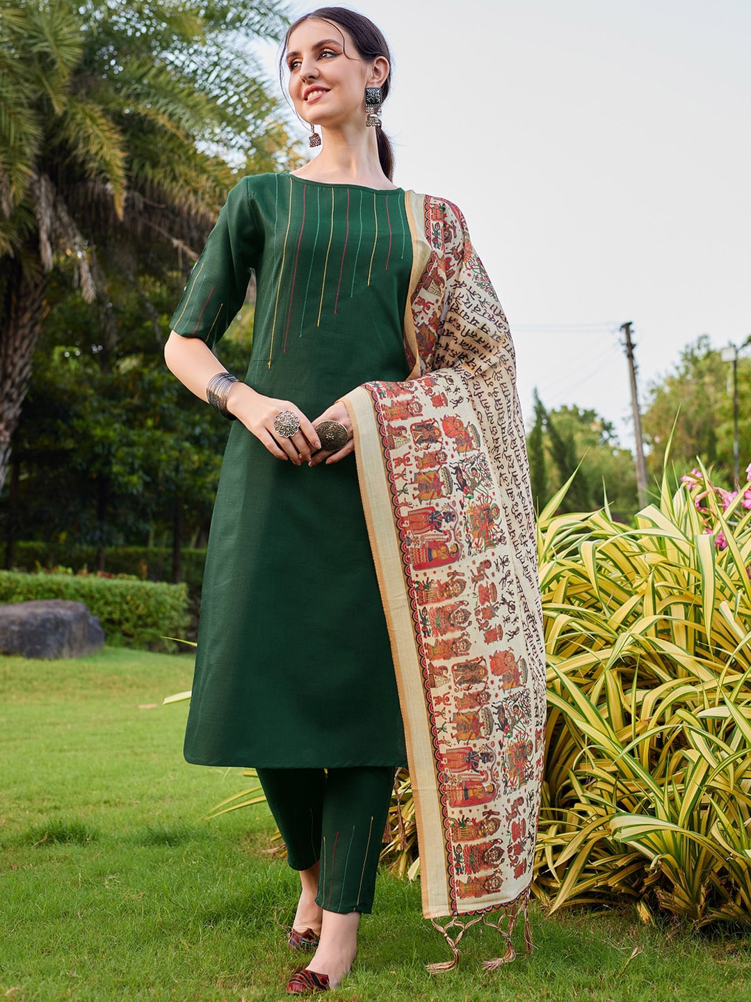 

KALINI Striped Regular Thread Work Kurta with Trousers & With Dupatta, Green